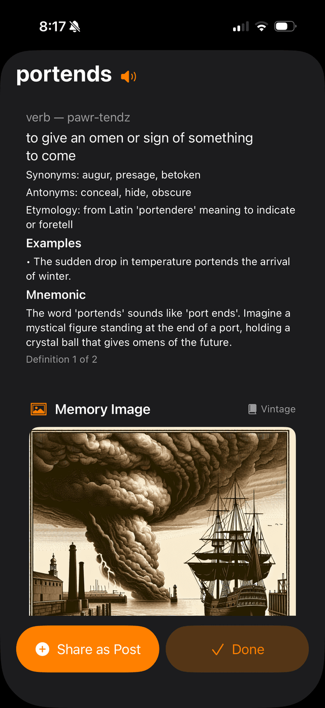 Wordshelf app showing word definition with AI memory image